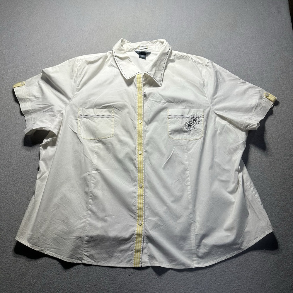 Koret Woman White Button Up Down Shirt Short Sleeves Black Yellow